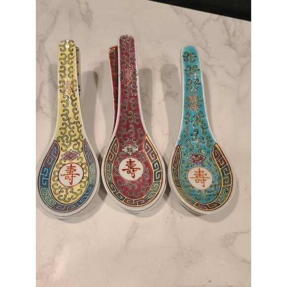 Mun Shou Multi Color Longevity Porcelain Asian Chinese Soup Rice Spoons Set of 6 - Picture 9 of 10